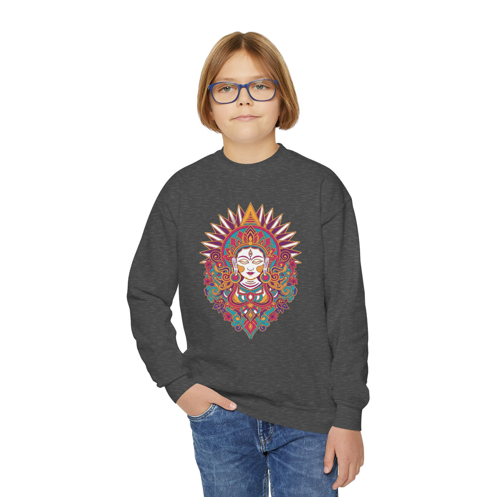 Youth Crewneck Sweatshirt — Colorful Boho Sun Goddess Graphic