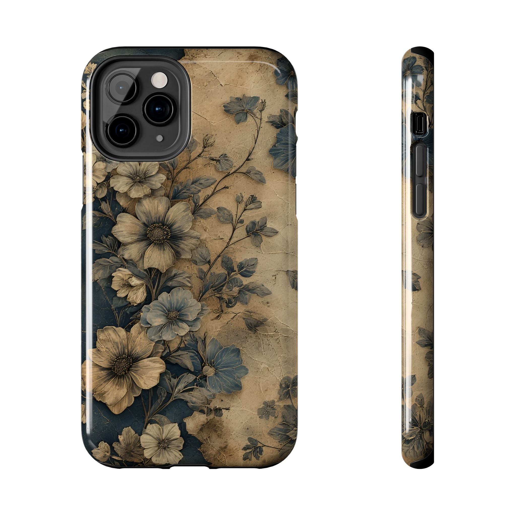 Vintage Floral Tough Phone Case — Antique Beige & Navy Protective Cover