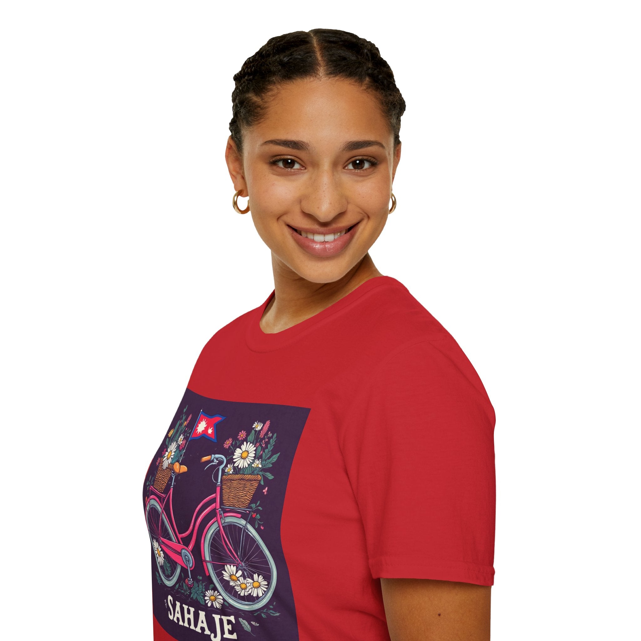 Bicycle Floral T-Shirt – Pink Bike with Baskets & "Sahaje" Text