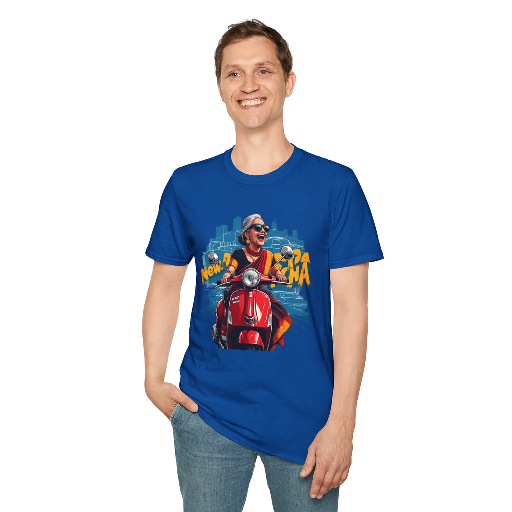 Newa Maicha Riding Scooter T-Shirt – Newari Woman in New York Graphic Tee, Cultural & Urban Design