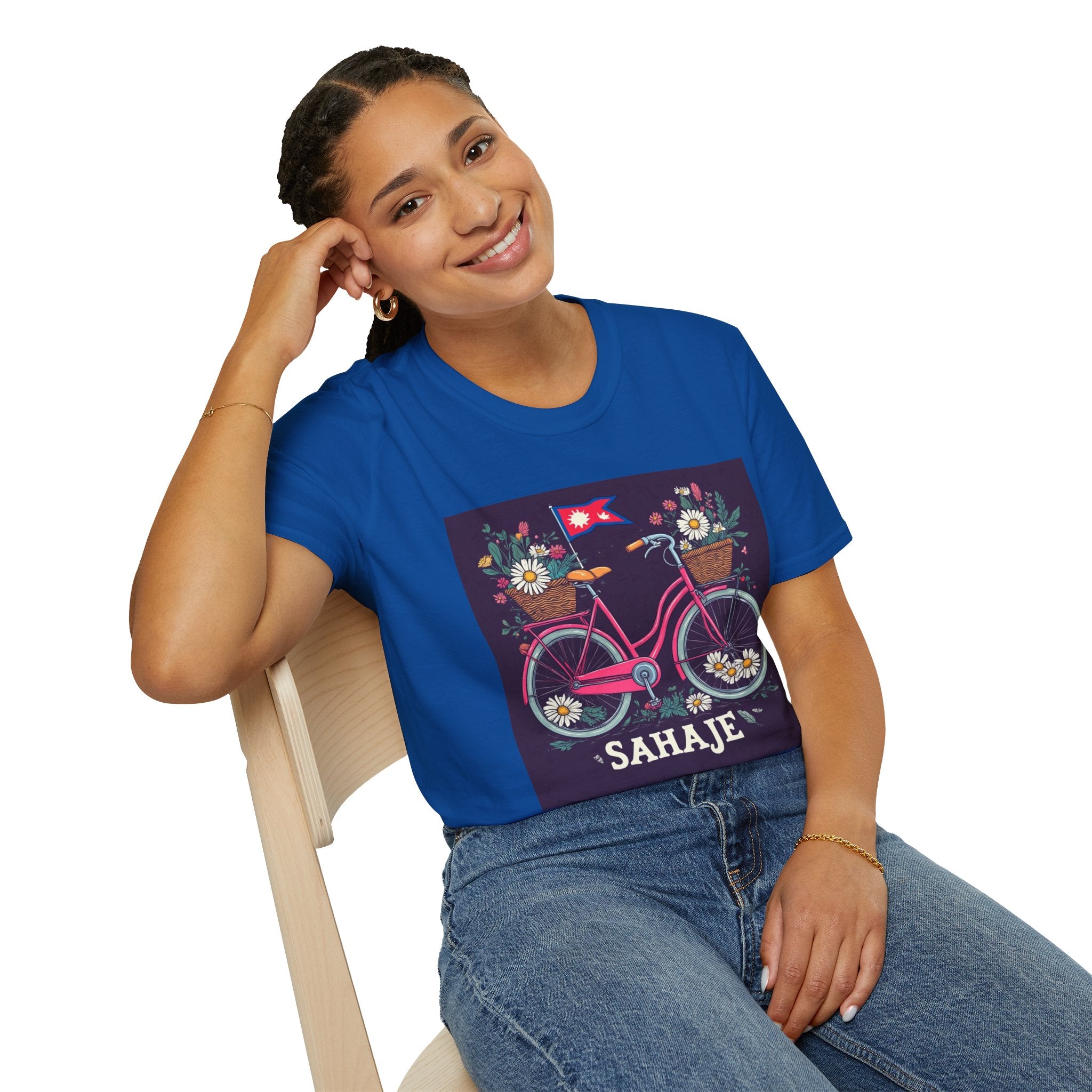 Bicycle Floral T-Shirt – Pink Bike with Baskets & "Sahaje" Text