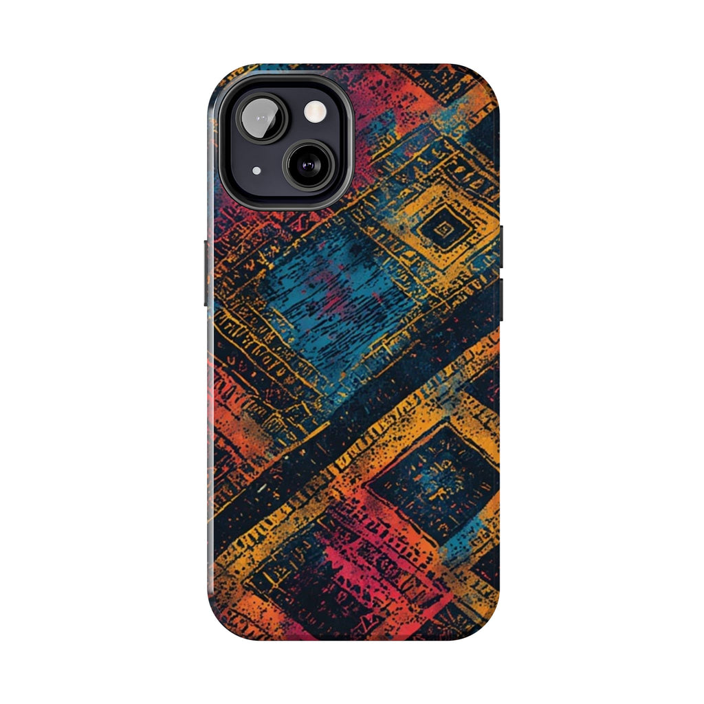Tough Phone Case – Abstract Rustic Geometric Design (Blue, Orange, Magenta)