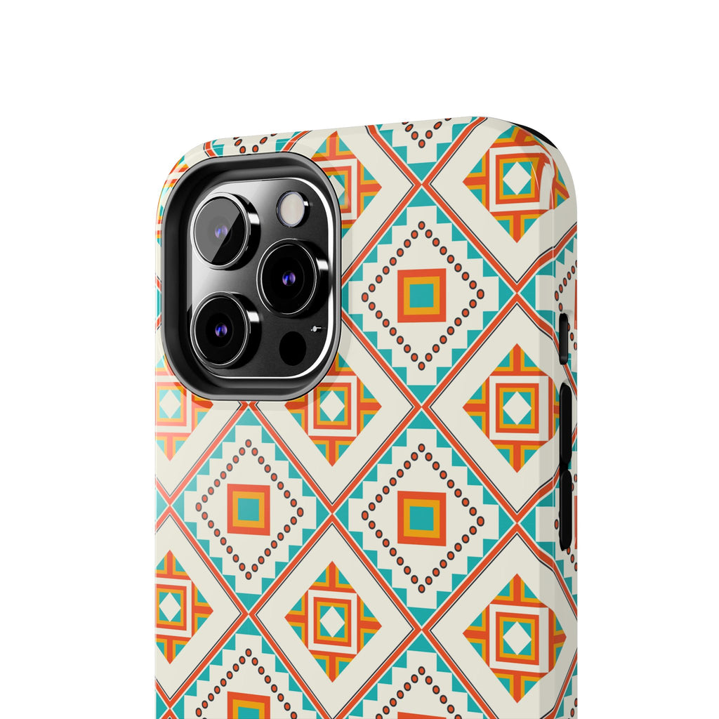 Tough Phone Case — Geometric Retro Tile Pattern, Orange & Teal Protective Cover