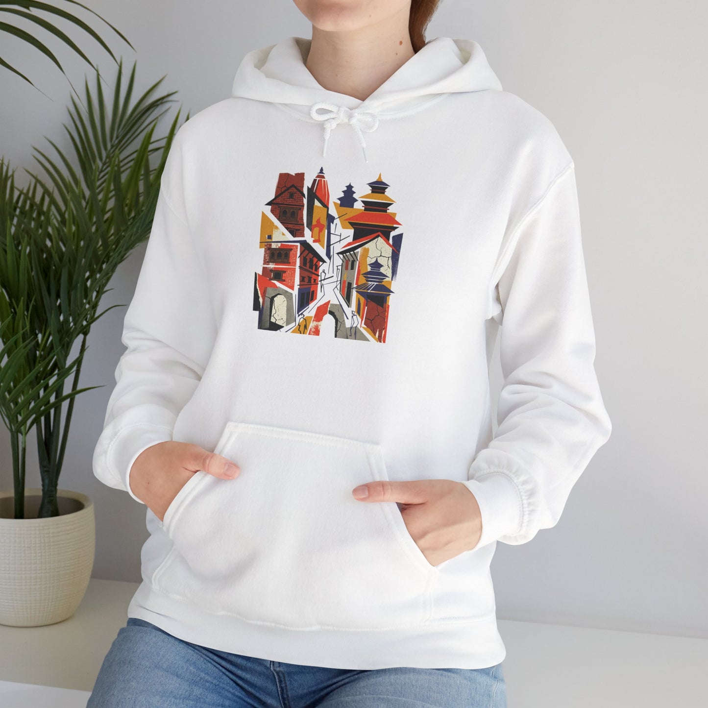 Cityscape Collage Hoodie — Colorful Urban Architecture Graphic Hoodie