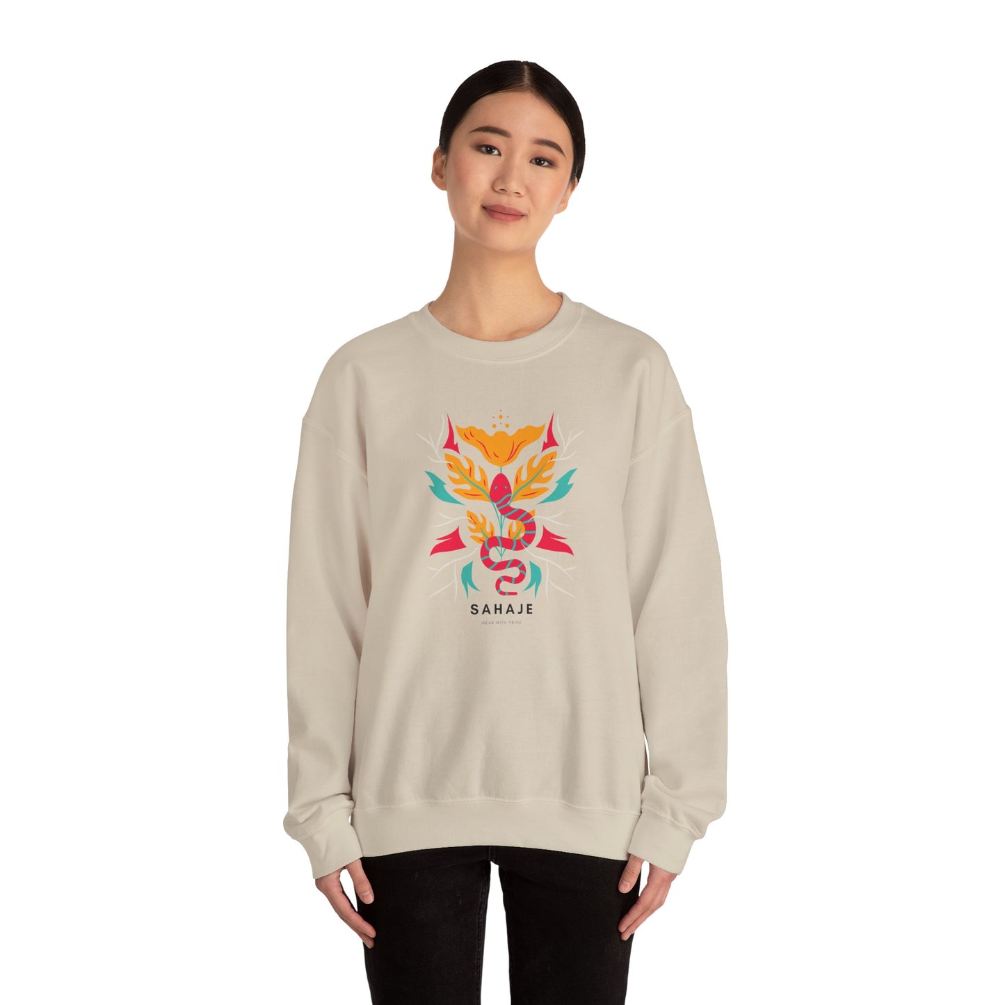 Sahajé Floral Snake Crewneck Sweatshirt — Colorful Botanical Serpent Graphic