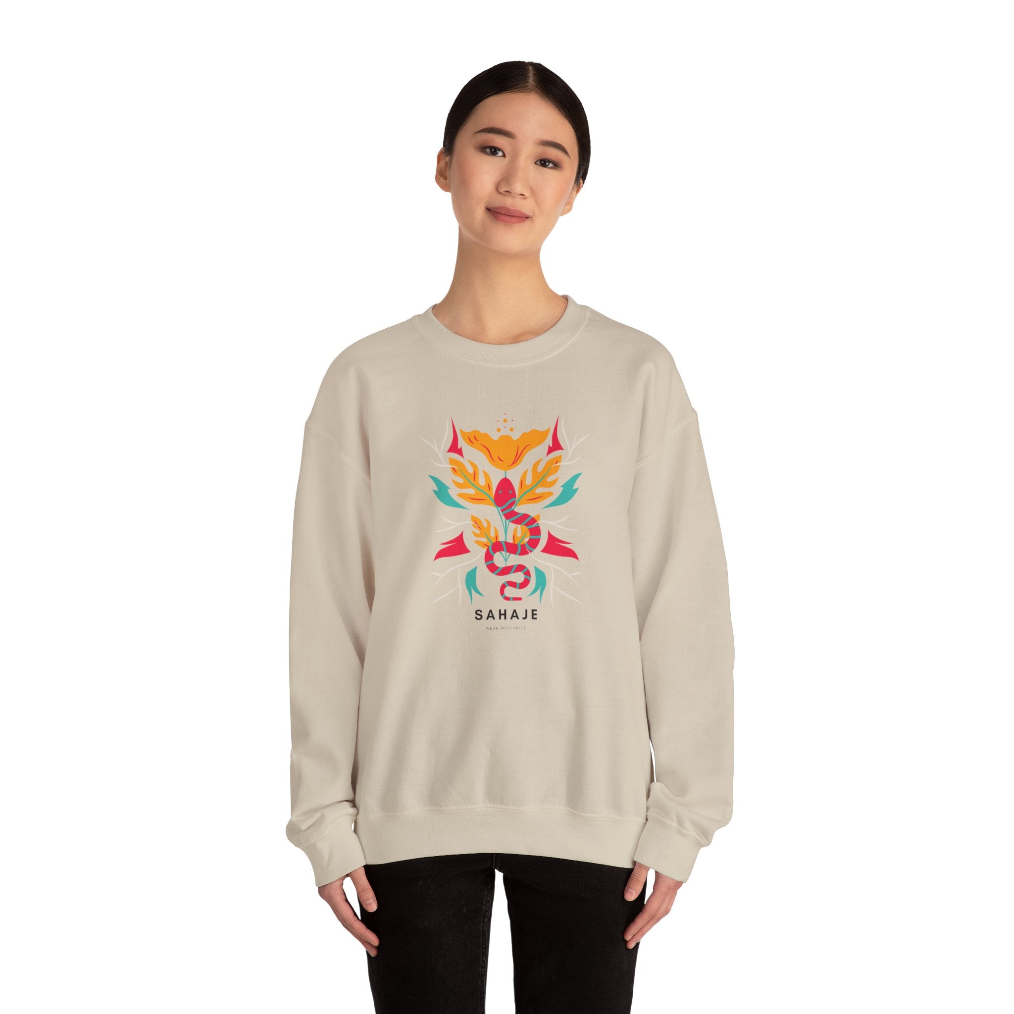Sahajé Floral Snake Crewneck Sweatshirt — Colorful Botanical Serpent Graphic