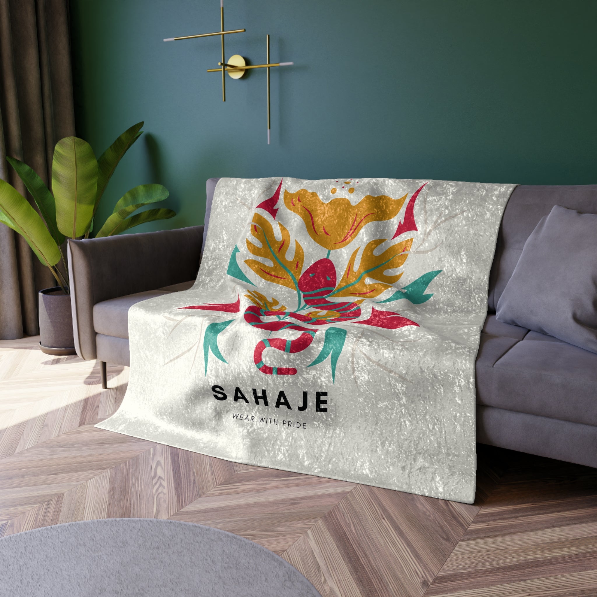 Crushed Velvet Blanket — Boho Snake Floral Throw with 'SAHAJE' Logo