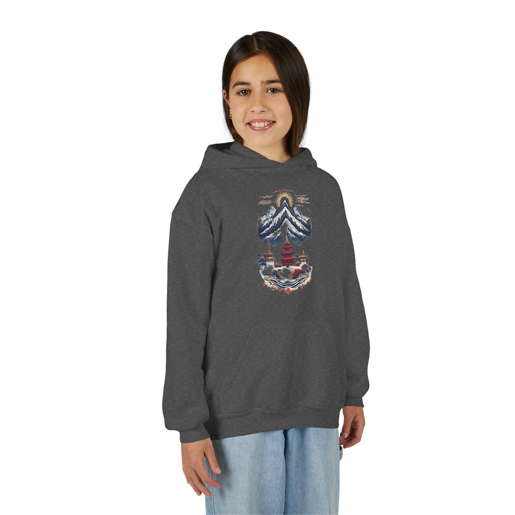 Youth Hoodie — Mountain Pagoda Watercolor Graphic (Asian Temple Winter Vibe)