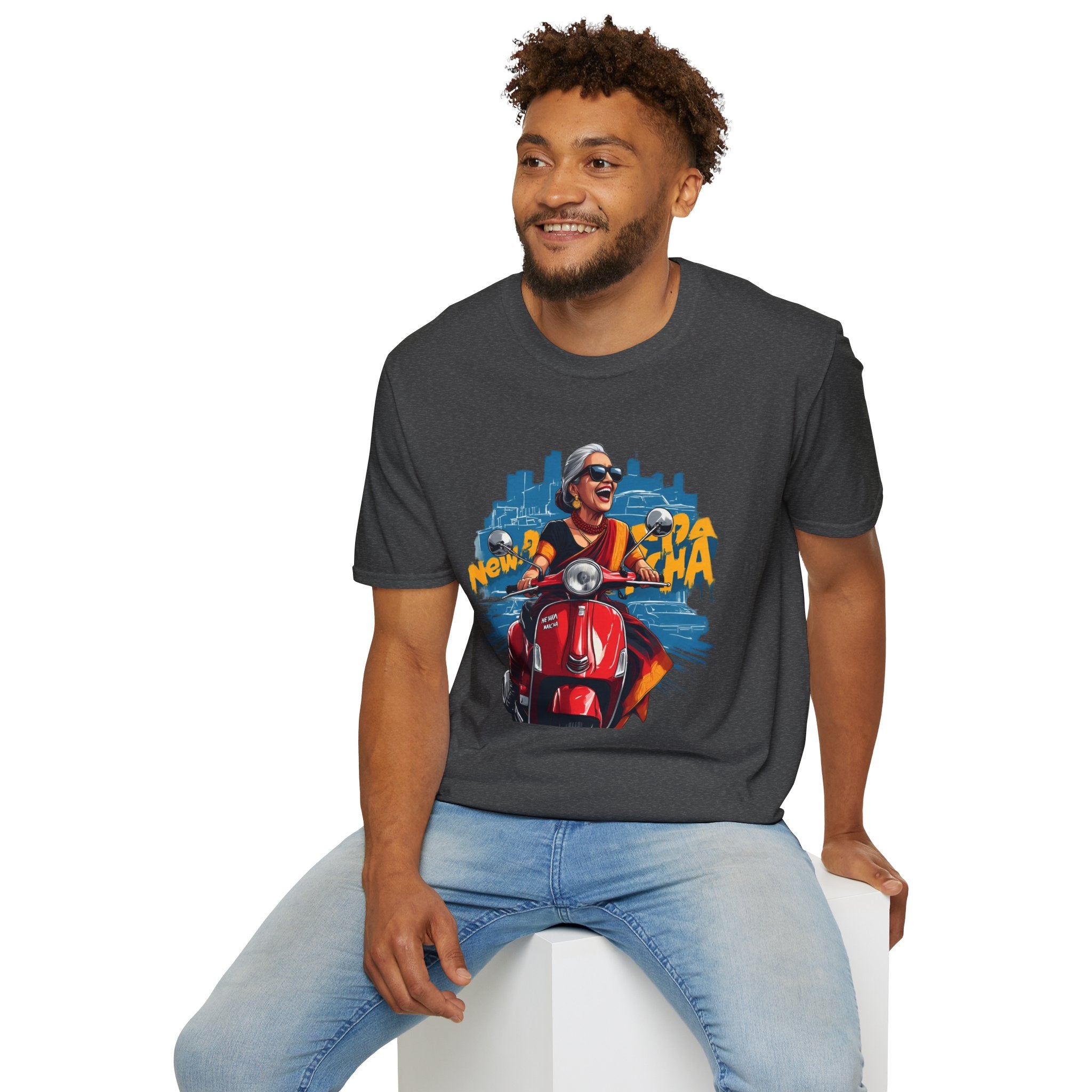 Newa Maicha Riding Scooter T-Shirt – Newari Woman in New York Graphic Tee, Cultural & Urban Design