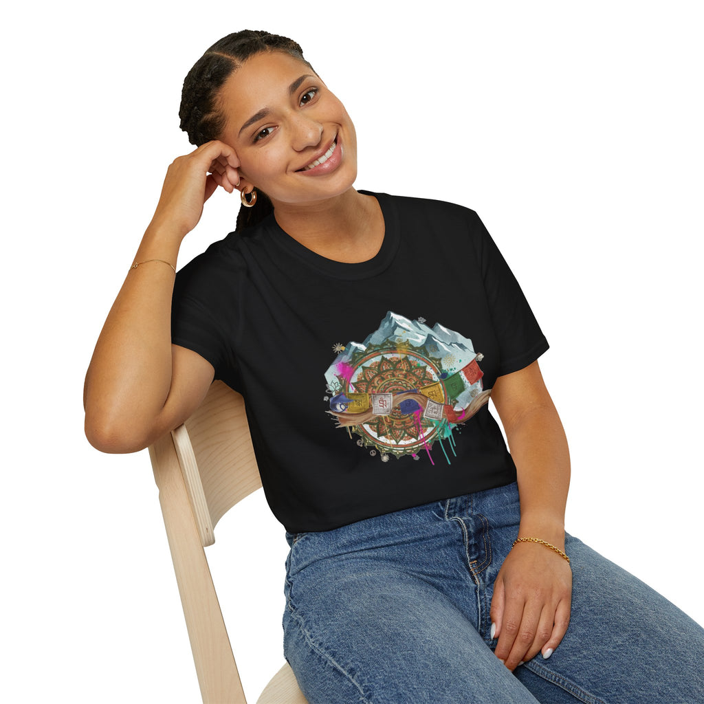 Adventure Compass T-Shirt — Mountain Compass with Prayer Flags & Colorful Globe
