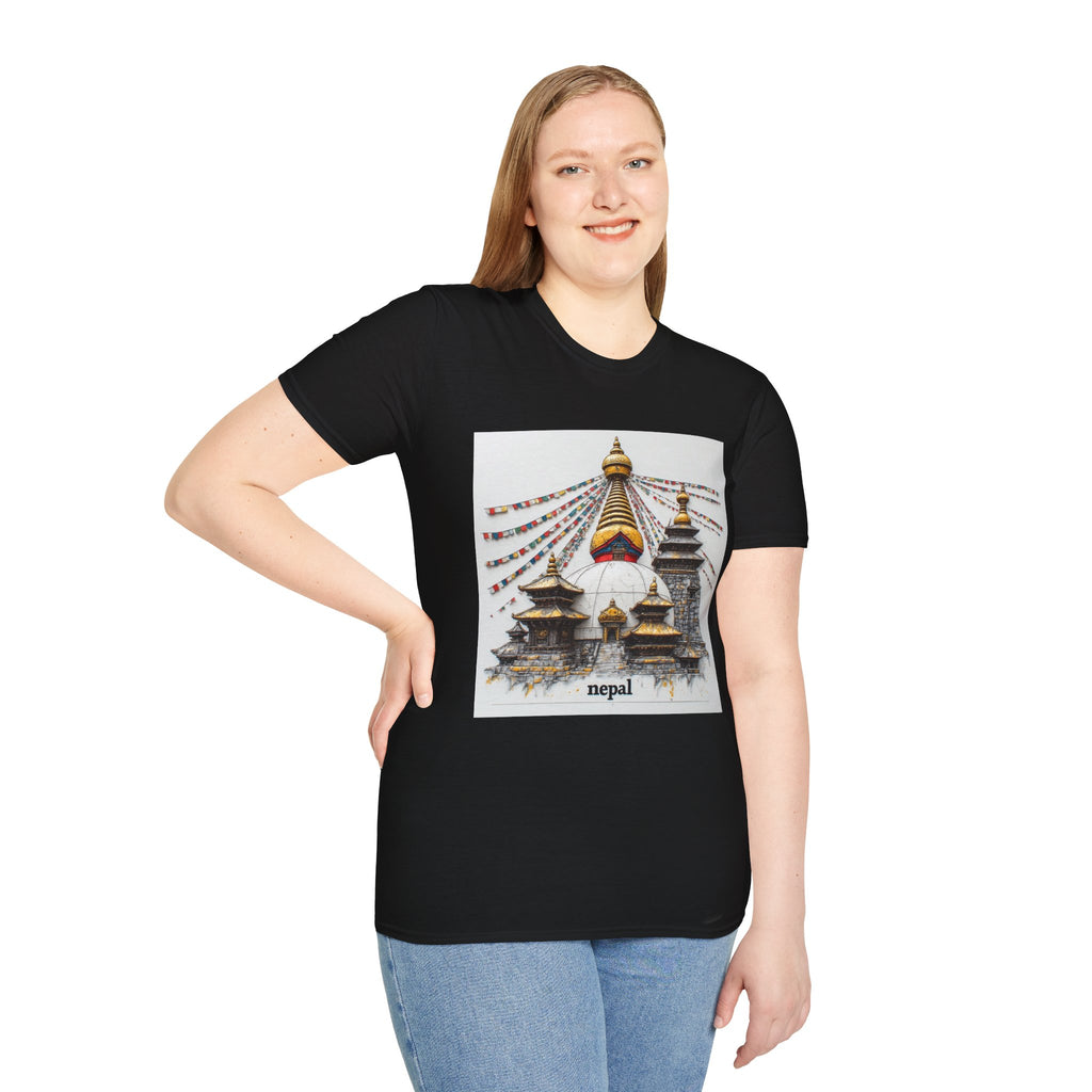 Nepal Temple Graphic T-Shirt — Boudhanath Stupa Prayer Flags Travel Tee
