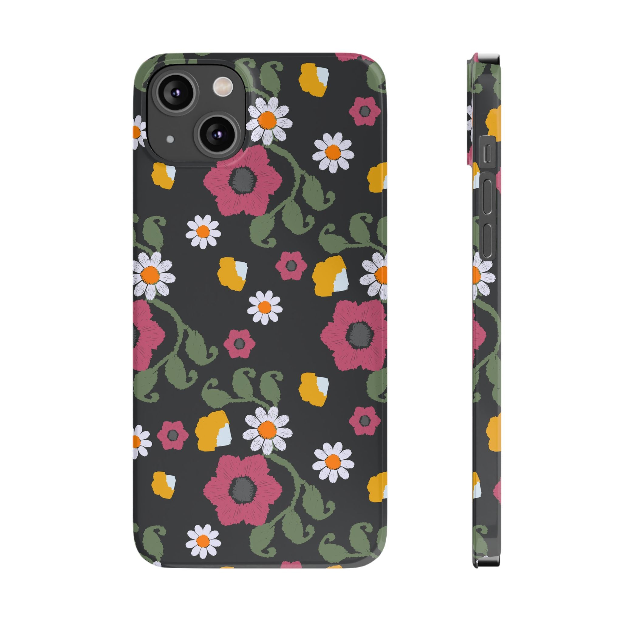 Floral Slim Phone Case, Black Flower Phone Cover, Stylish Phone Accessory, Gift for Her, Trendy Floral Case