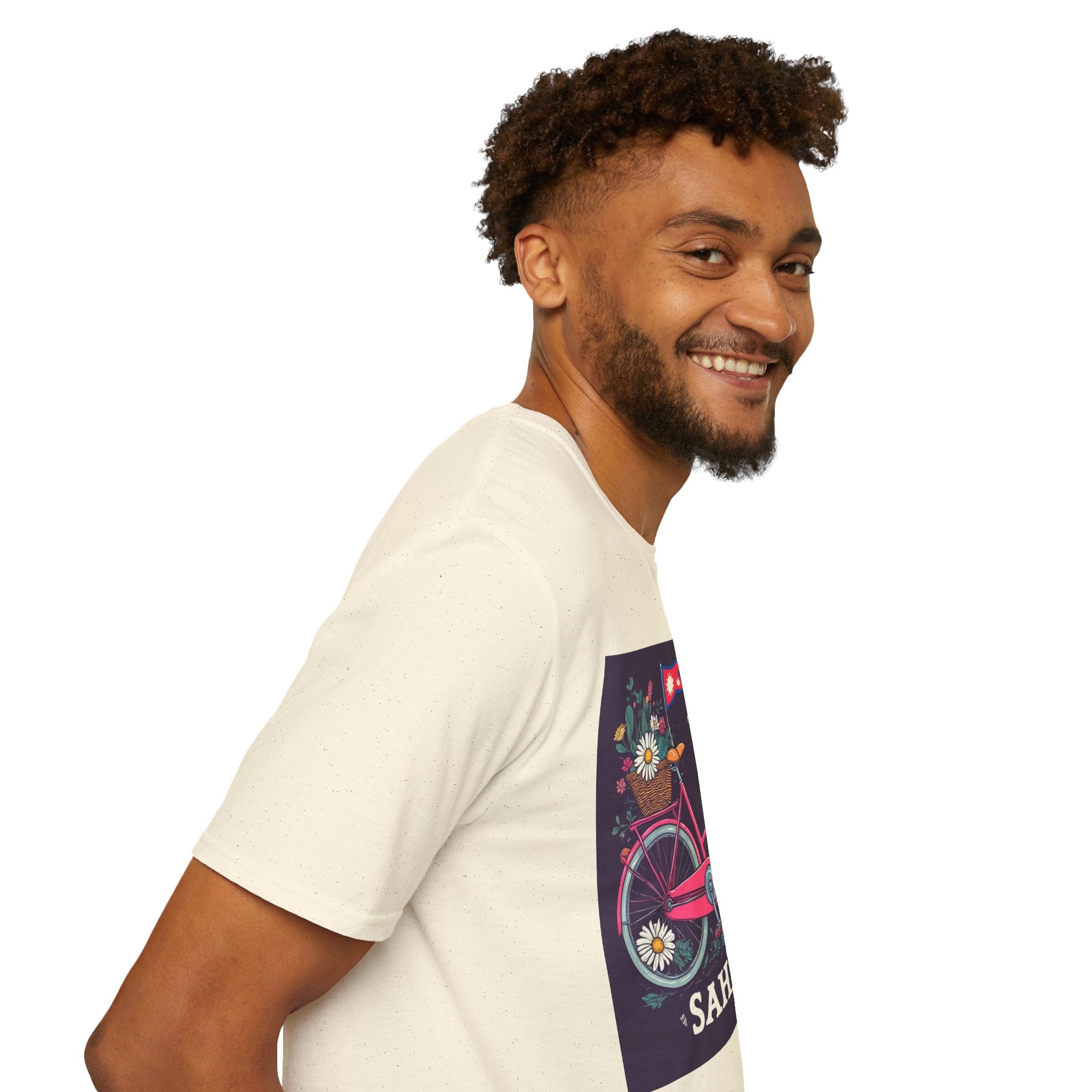 Bicycle Floral T-Shirt – Pink Bike with Baskets & "Sahaje" Text