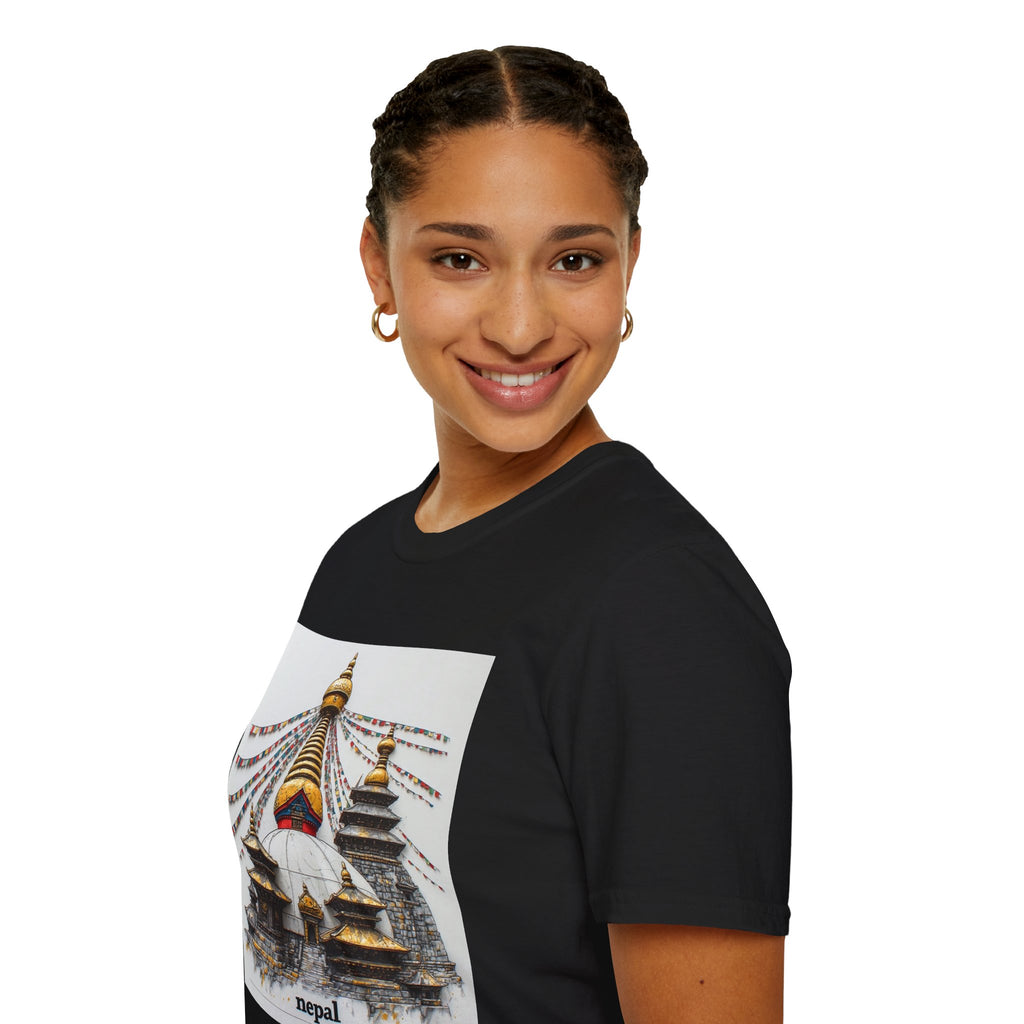 Nepal Temple Graphic T-Shirt — Boudhanath Stupa Prayer Flags Travel Tee