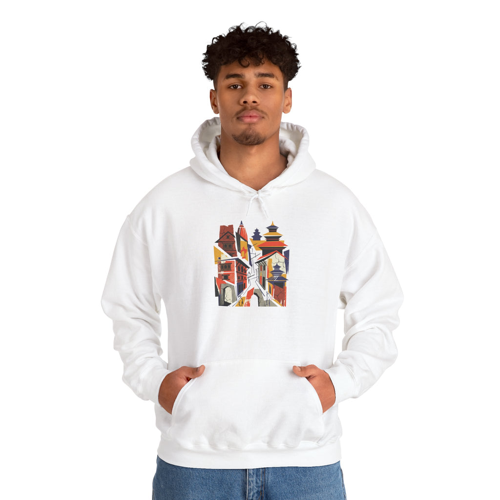 Cityscape Collage Hoodie — Colorful Urban Architecture Graphic Hoodie