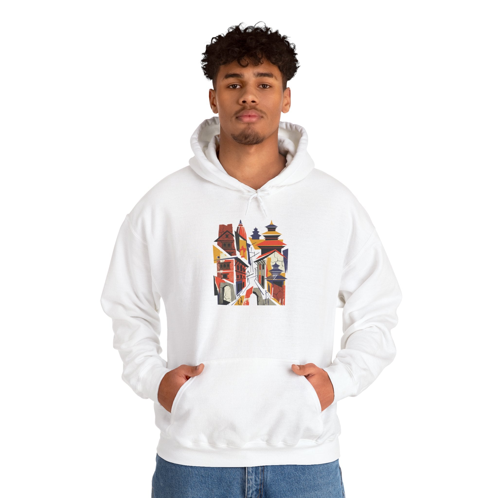 Cityscape Collage Hoodie — Colorful Urban Architecture Graphic Hoodie