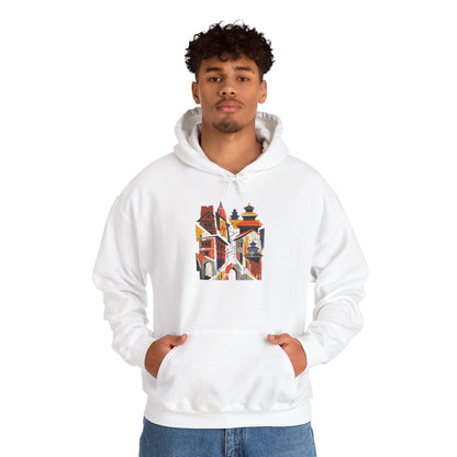 Cityscape Collage Hoodie — Colorful Urban Architecture Graphic Hoodie