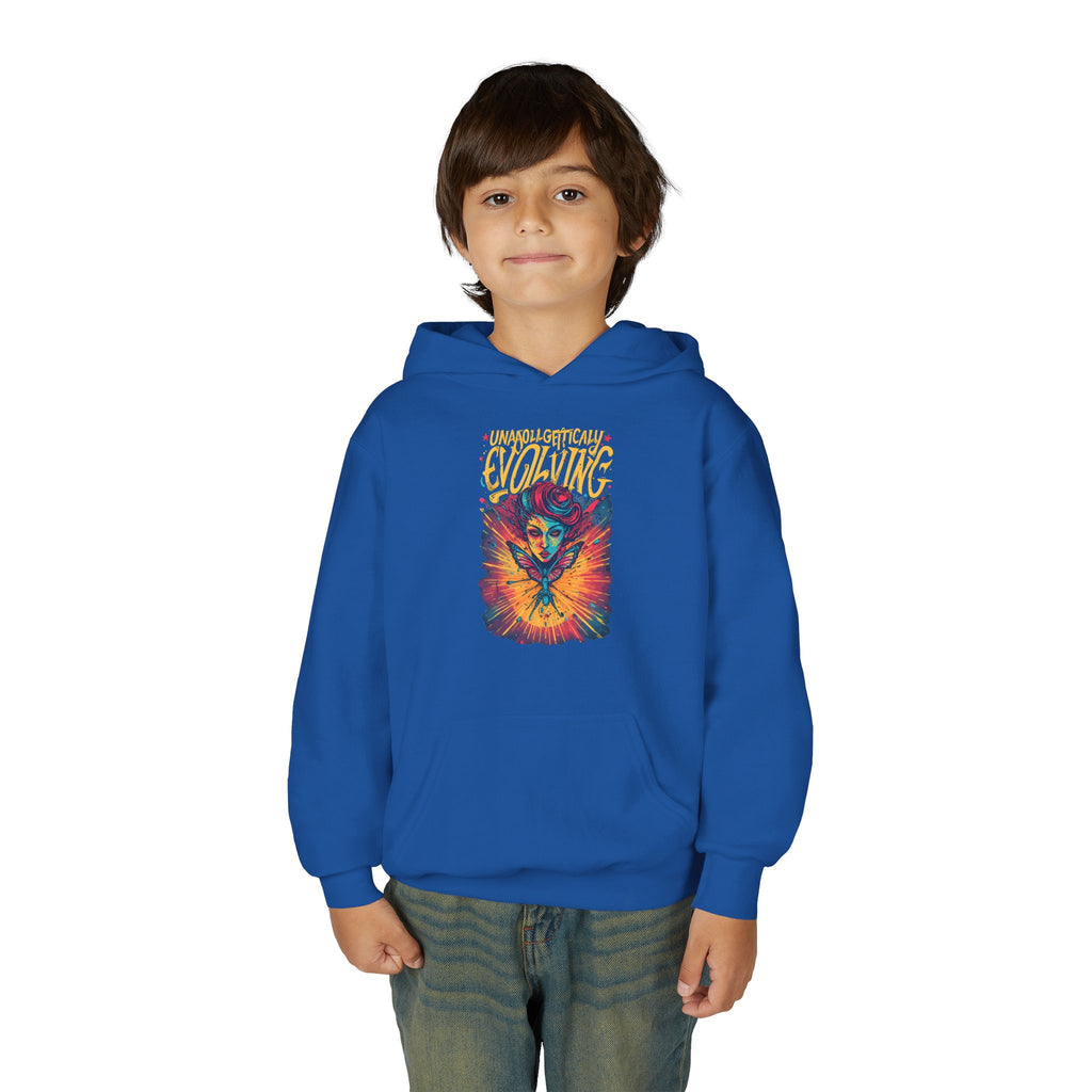 Youth Hoodie — Vibrant 'Evolving' Butterfly Girl Graphic Sweatshirt