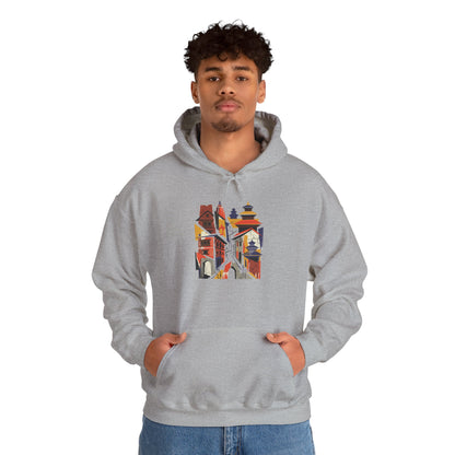 Cityscape Collage Hoodie — Colorful Urban Architecture Graphic Hoodie