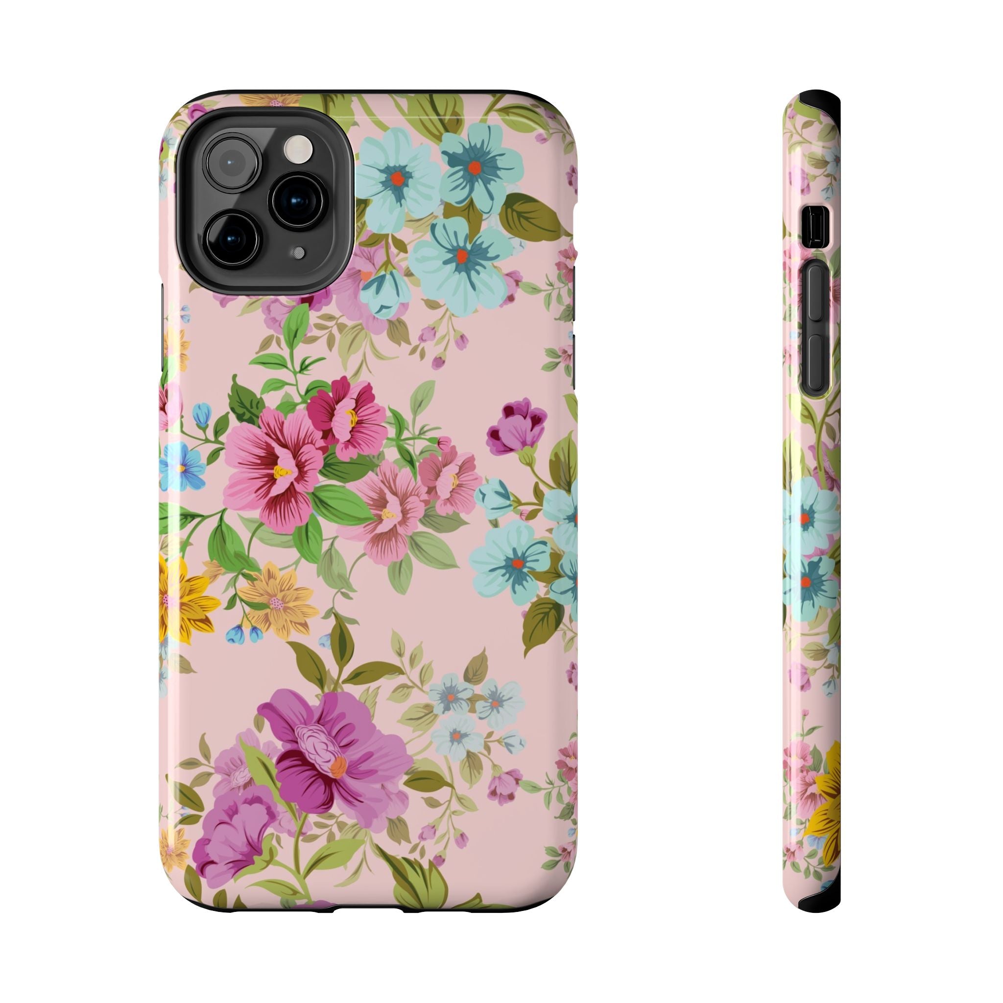 Floral Vintage Tough Phone Case — Pink Rose & Blue Blossom Protective Cover