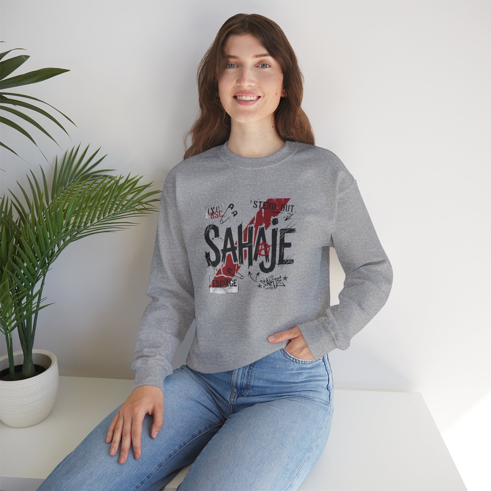 Crewneck Sweatshirt — 'Sahaje' Distressed Script Graphic