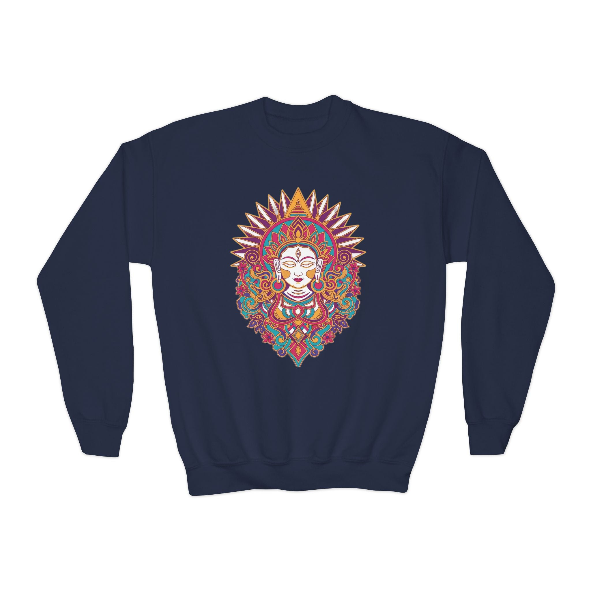 Youth Crewneck Sweatshirt — Colorful Boho Sun Goddess Graphic