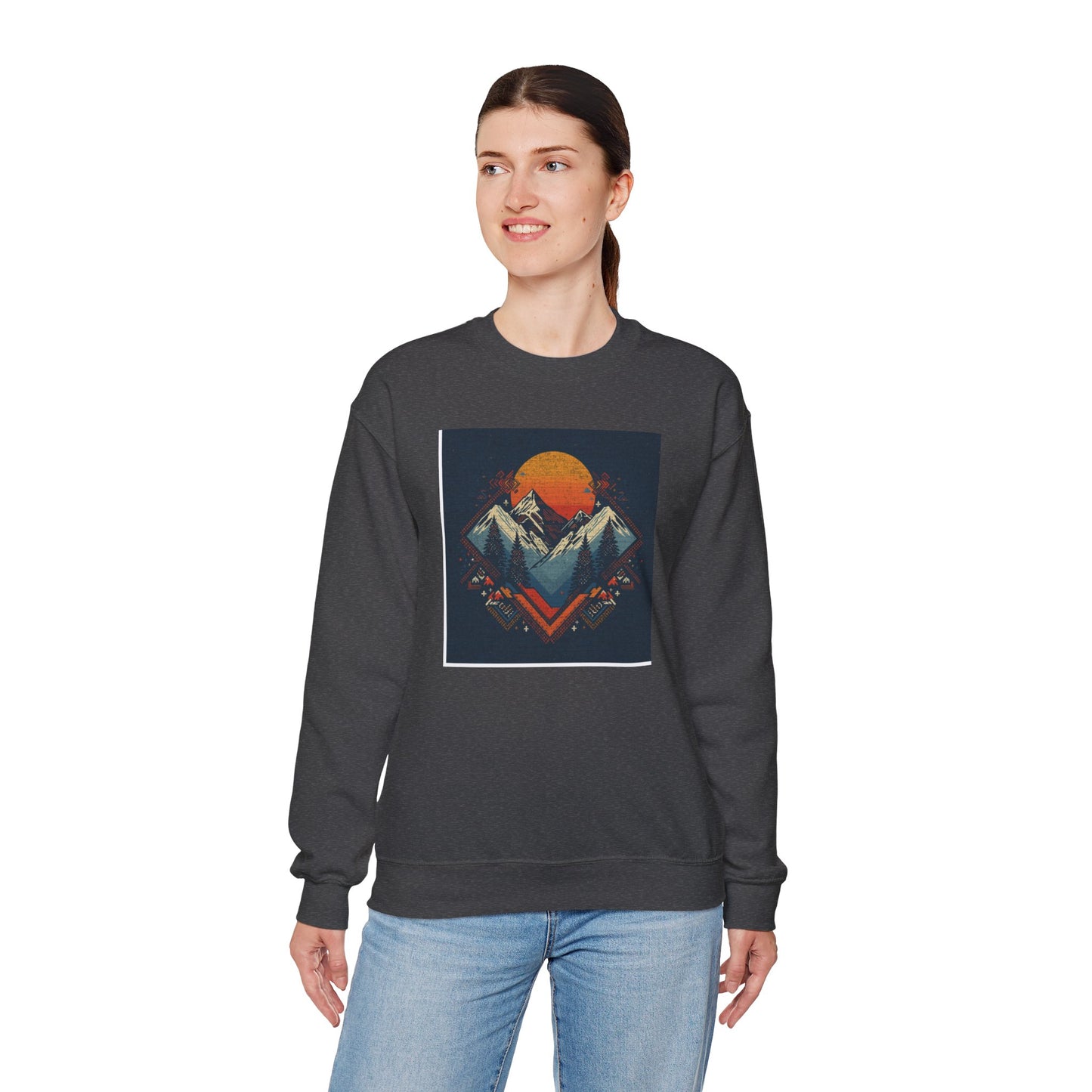 Mountain Sunset Crewneck Sweatshirt — Retro Geometric Peaks Graphic
