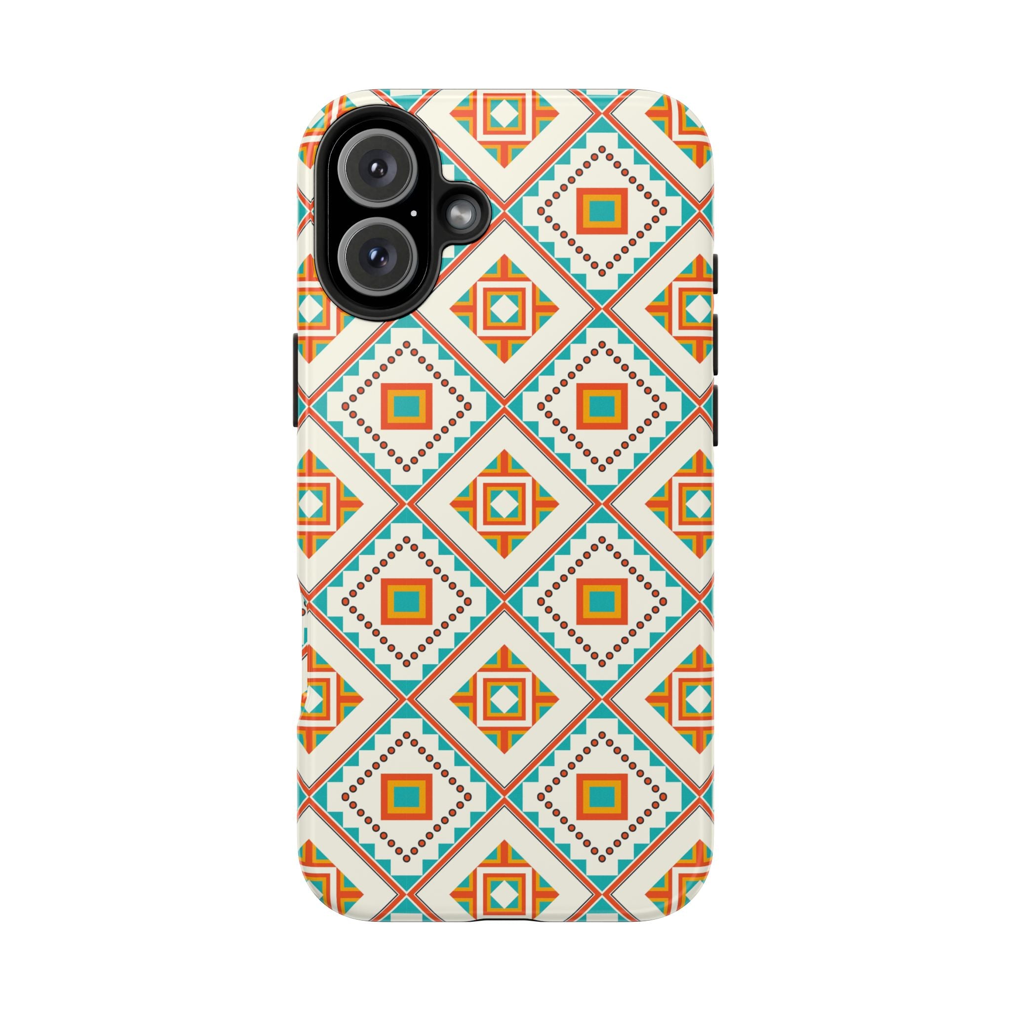 Tough Phone Case — Geometric Retro Tile Pattern, Orange & Teal Protective Cover