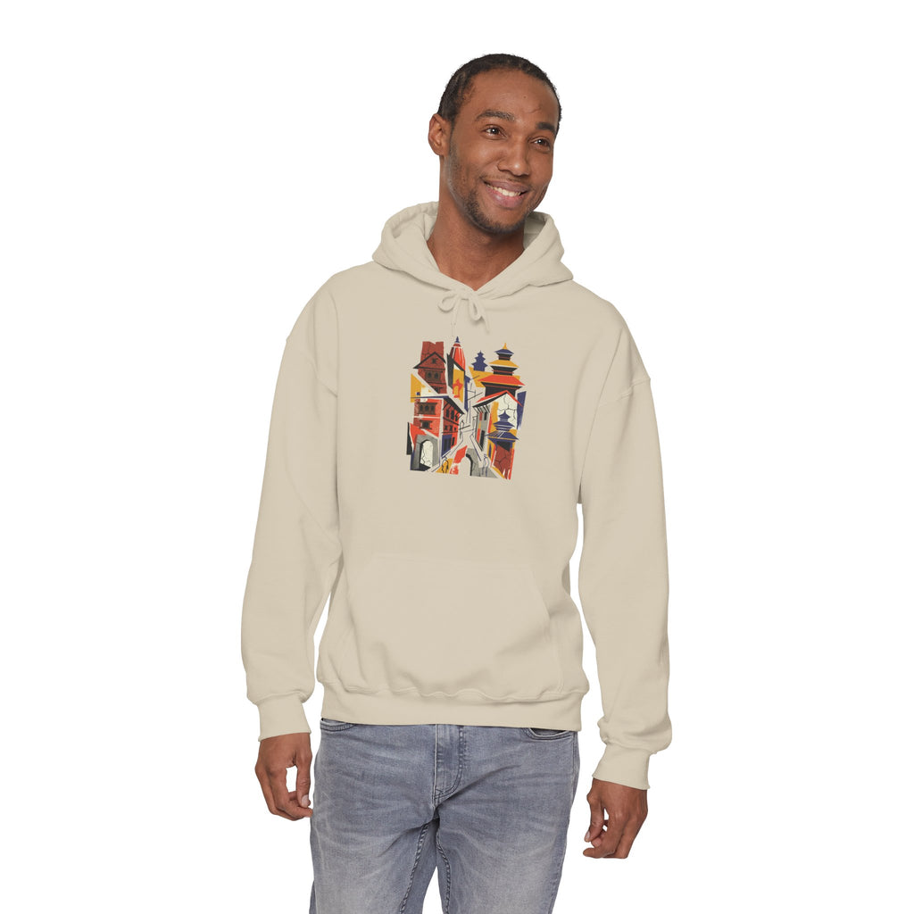 Cityscape Collage Hoodie — Colorful Urban Architecture Graphic Hoodie