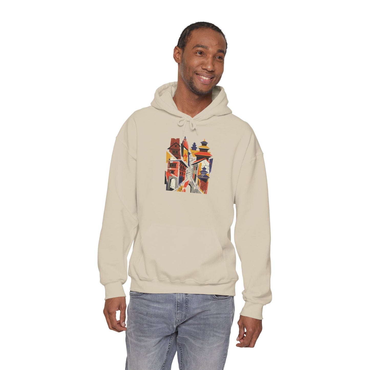 Cityscape Collage Hoodie — Colorful Urban Architecture Graphic Hoodie