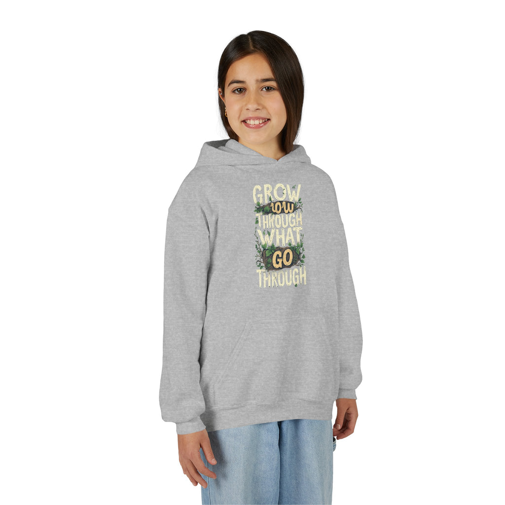 Youth Hoodie — 'Grow Slow, Go Through' Floral Motivational Hooded Sweatshirt