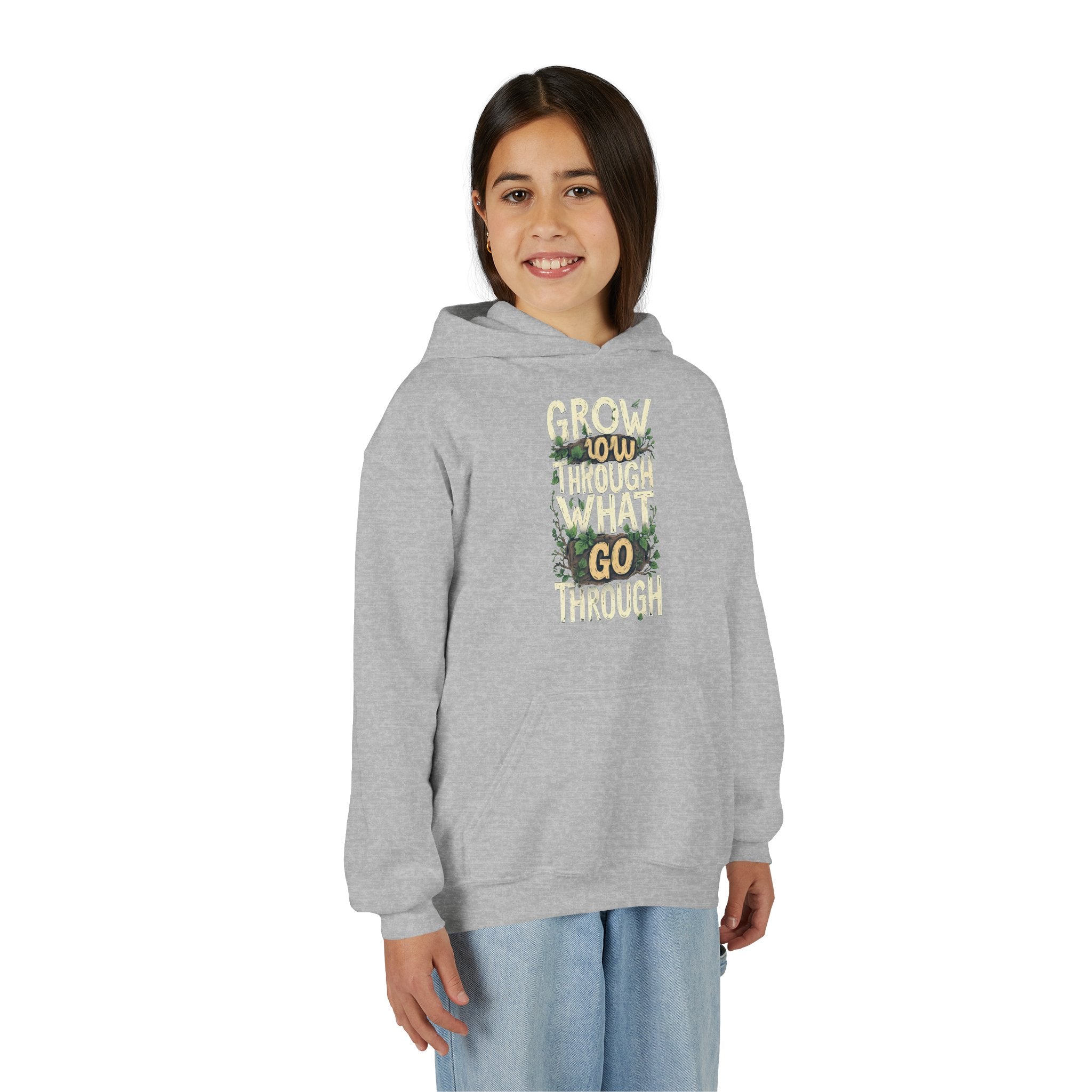Youth Hoodie — 'Grow Slow, Go Through' Floral Motivational Hooded Sweatshirt