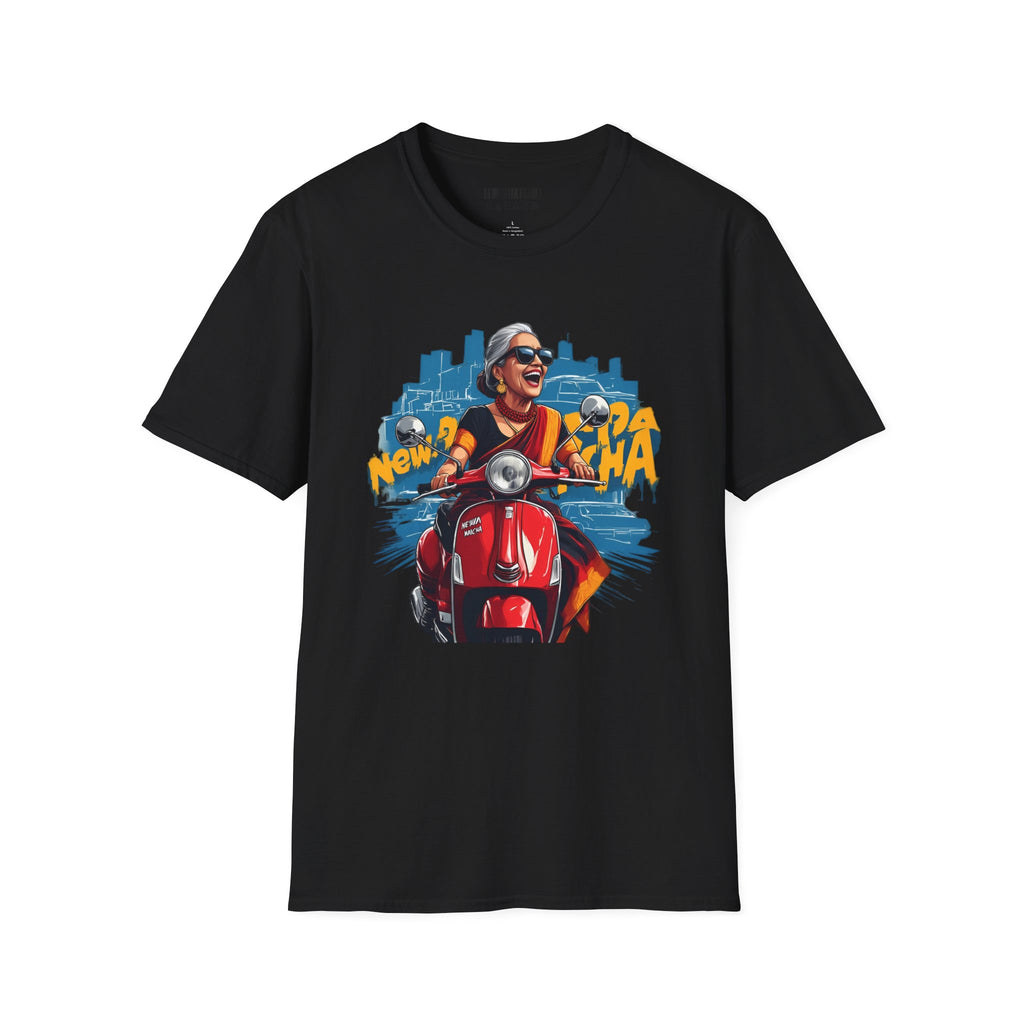 Newa Maicha Riding Scooter T-Shirt – Newari Woman in New York Graphic Tee, Cultural & Urban Design