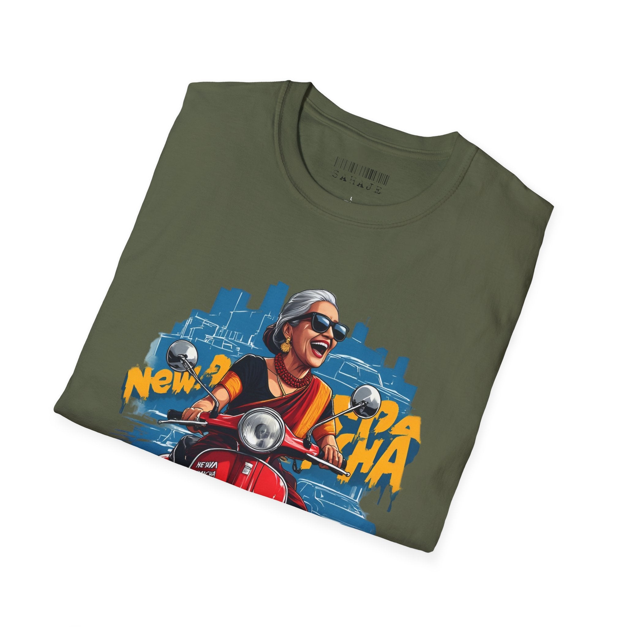 Newa Maicha Riding Scooter T-Shirt – Newari Woman in New York Graphic Tee, Cultural & Urban Design
