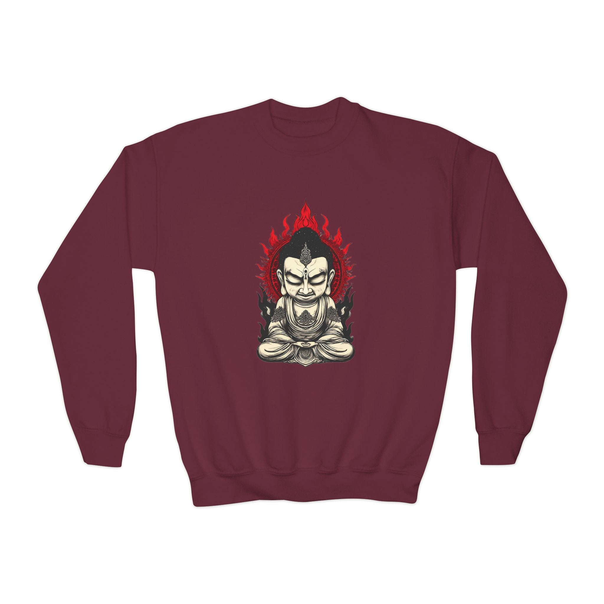 Flaming Meditating Buddha Youth Crewneck Sweatshirt — Zen Graphic Sweater for Kids