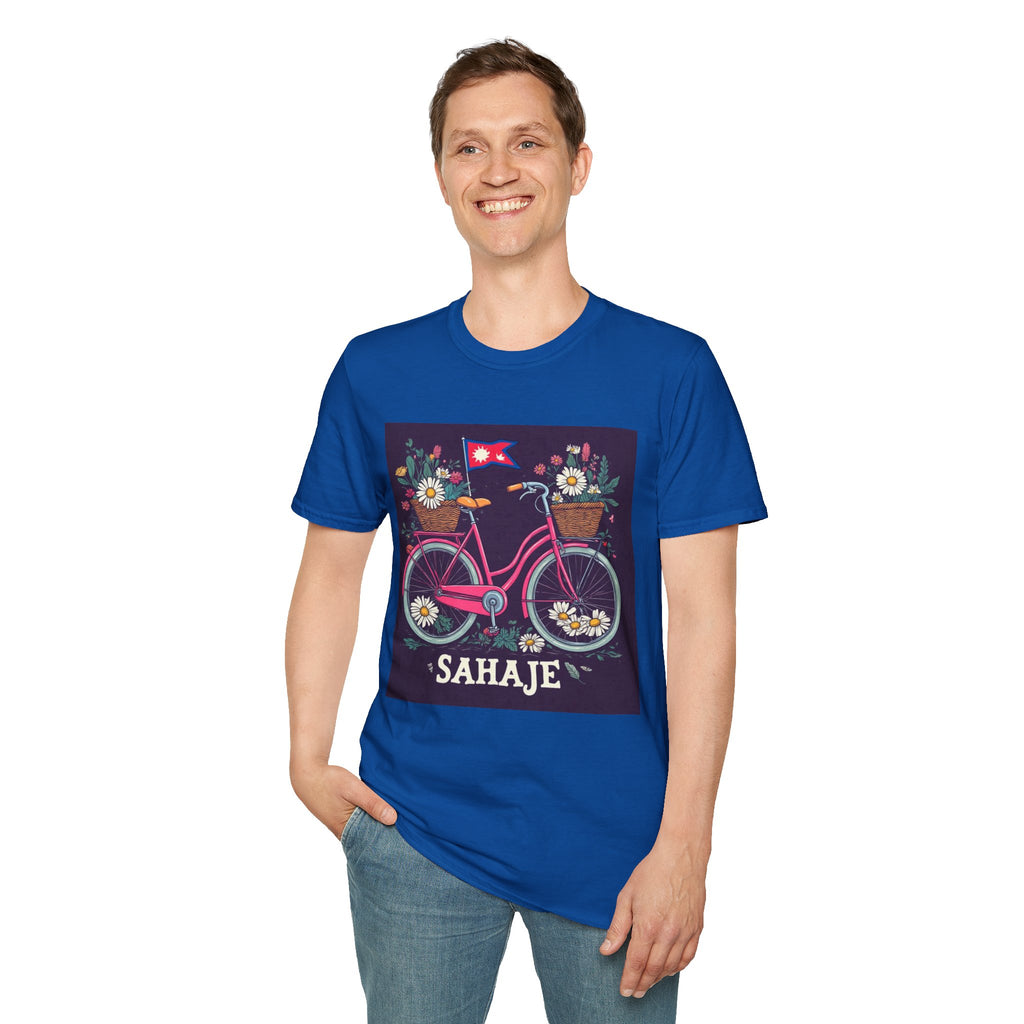 Bicycle Floral T-Shirt – Pink Bike with Baskets & "Sahaje" Text