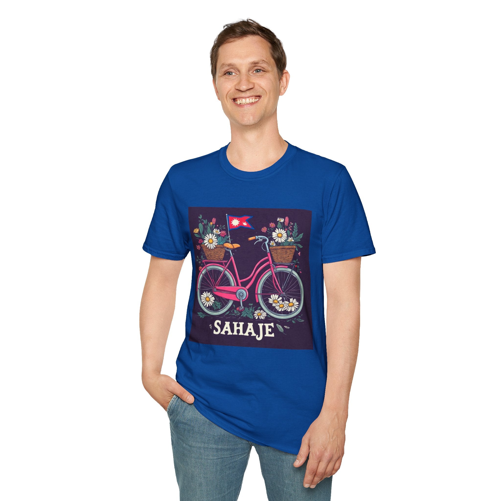 Bicycle Floral T-Shirt – Pink Bike with Baskets & "Sahaje" Text