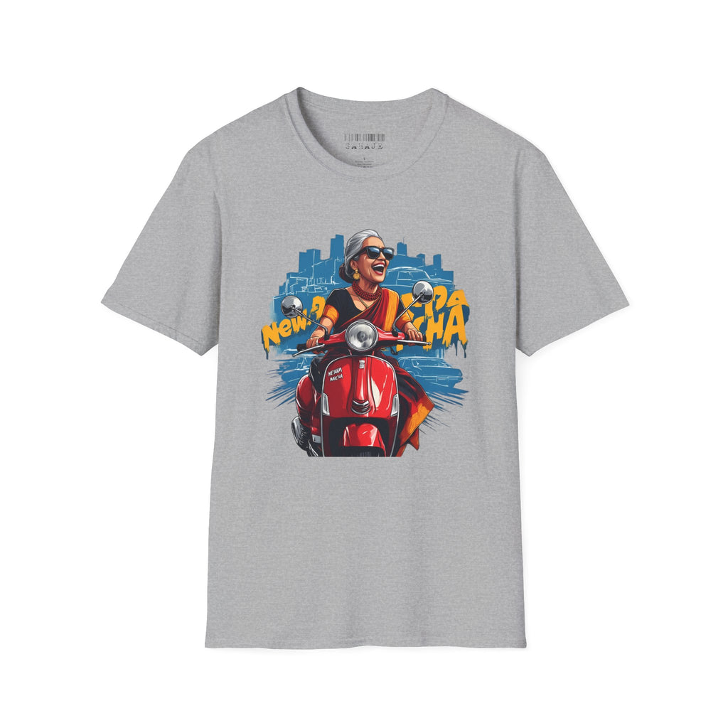 Newa Maicha Riding Scooter T-Shirt – Newari Woman in New York Graphic Tee, Cultural & Urban Design