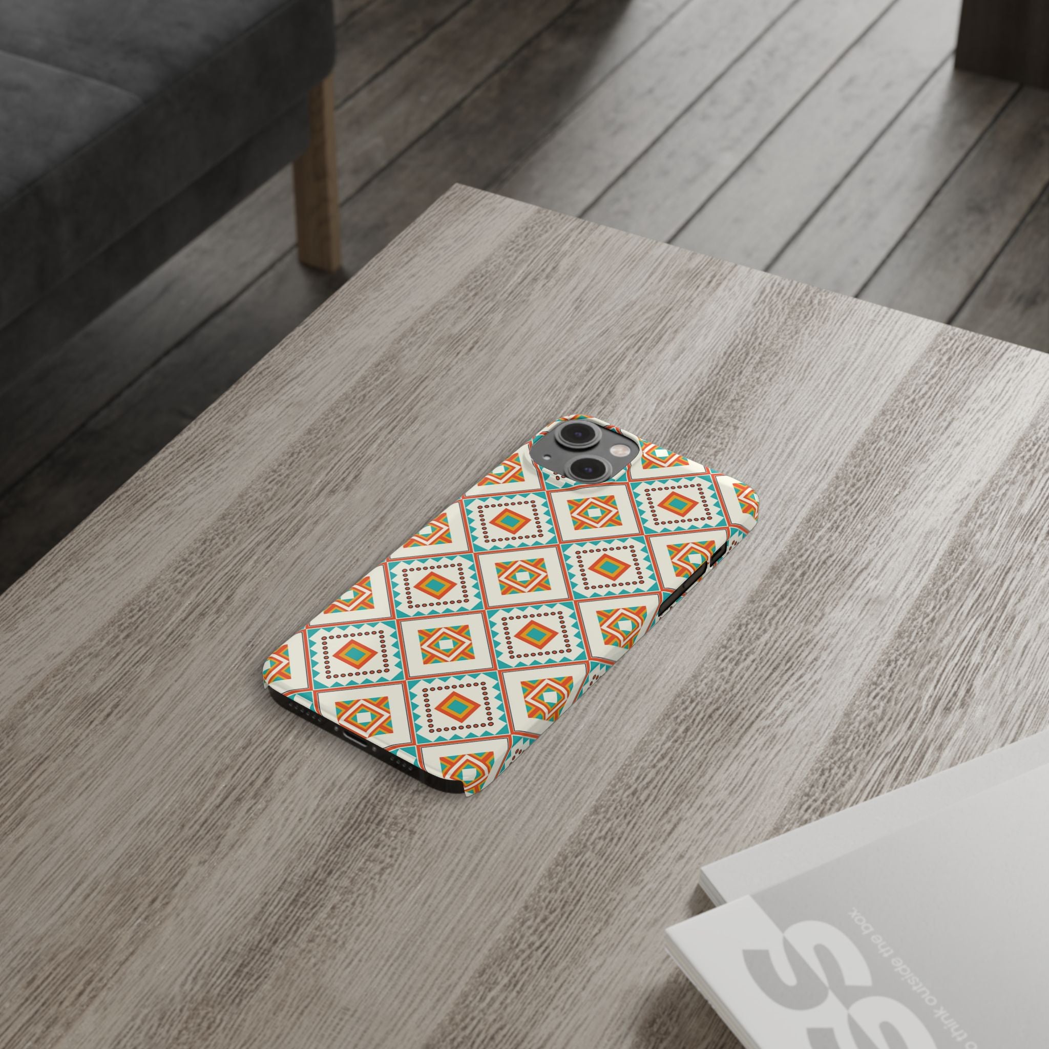 Slim Phone Case — Retro Geometric Tile Pattern (Turquoise & Orange)