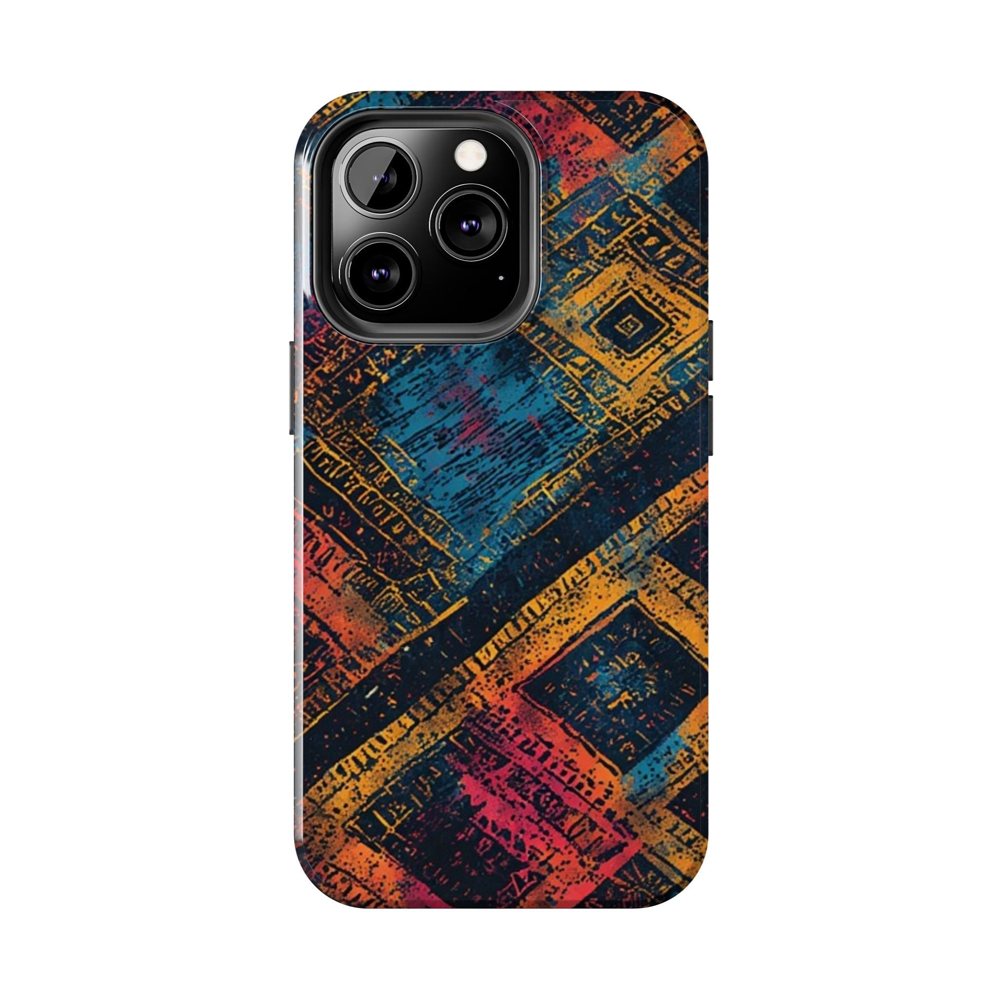 Tough Phone Case – Abstract Rustic Geometric Design (Blue, Orange, Magenta)