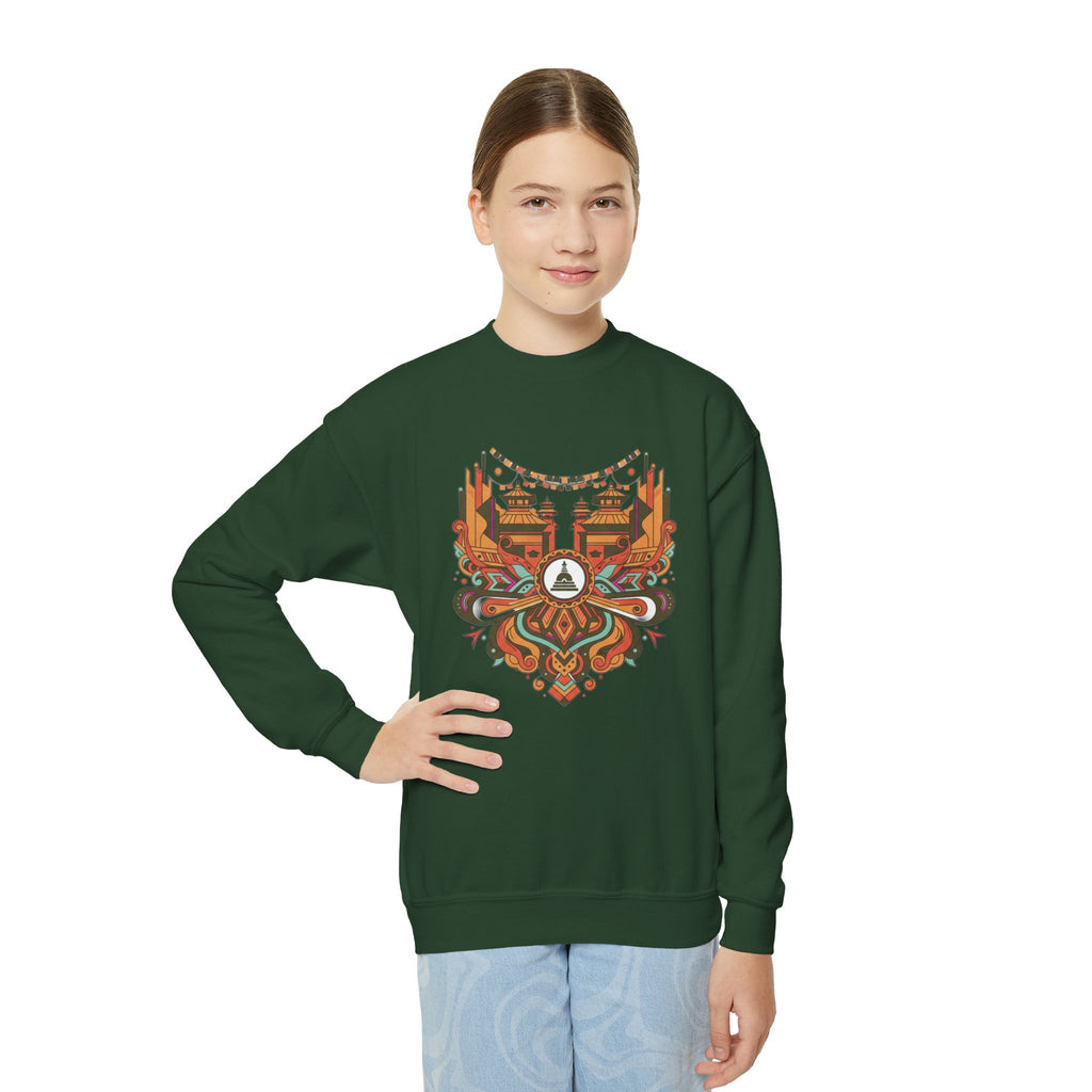 Youth Crewneck Sweatshirt — Retro Boho Fox Mask Graphic (Autumn Colors)