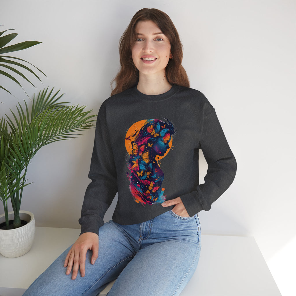 Butterfly Silhouette Crewneck Sweatshirt — Colorful Butterfly Profile Graphic