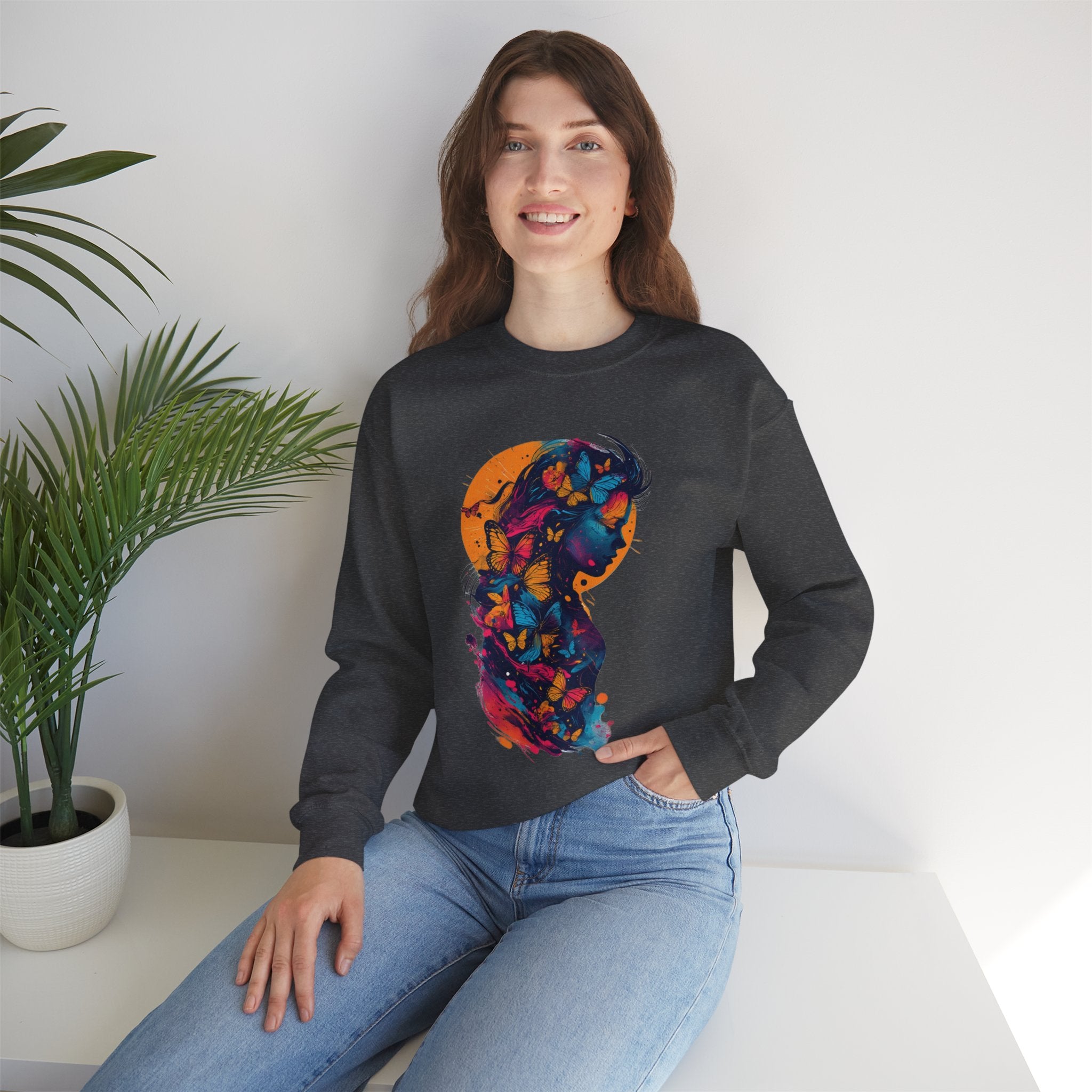 Butterfly Silhouette Crewneck Sweatshirt — Colorful Butterfly Profile Graphic