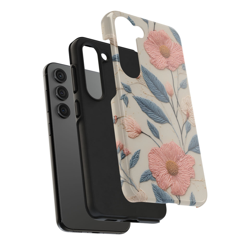 Floral Embroidered Tough Phone Case — Pink Blossom Protective Phone Cover