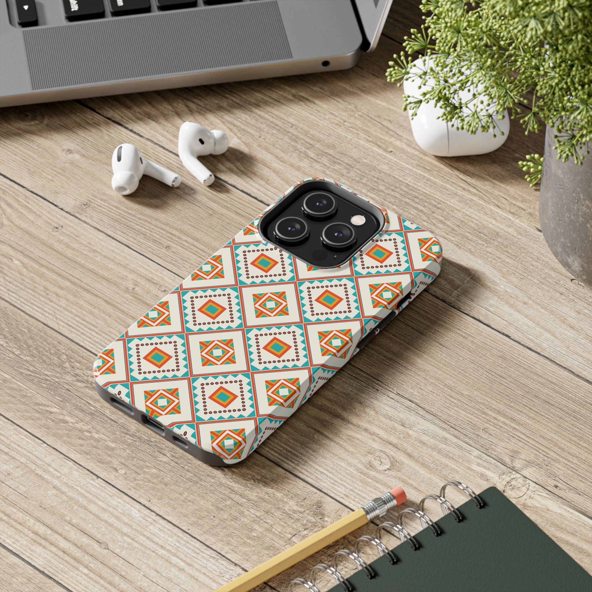 Tough Phone Case — Geometric Retro Tile Pattern, Orange & Teal Protective Cover
