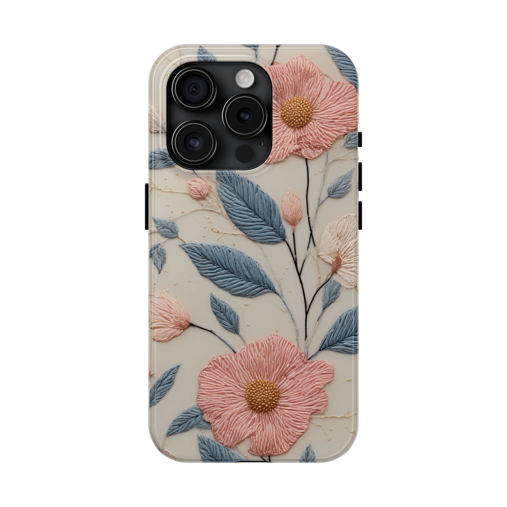 Floral Embroidered Tough Phone Case — Pink Blossom Protective Phone Cover