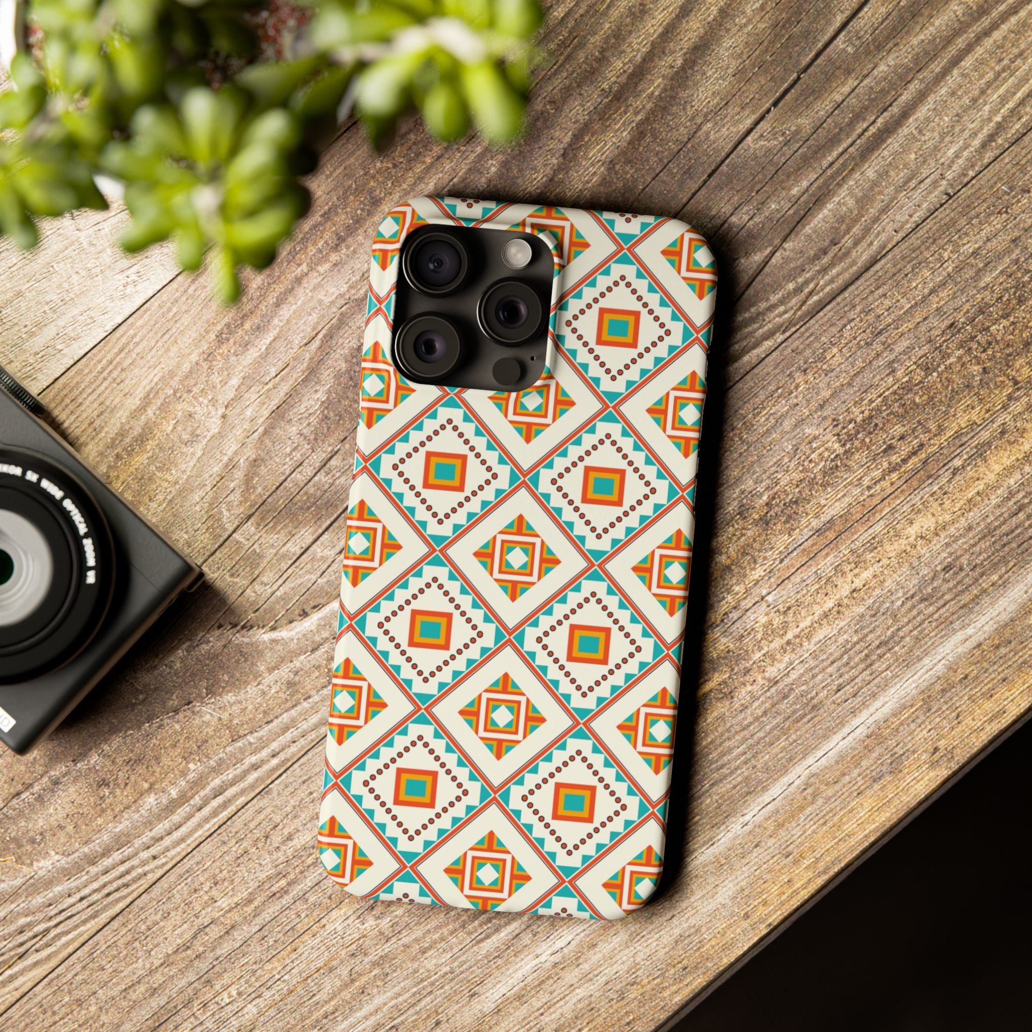 Slim Phone Case — Retro Geometric Tile Pattern (Turquoise & Orange)