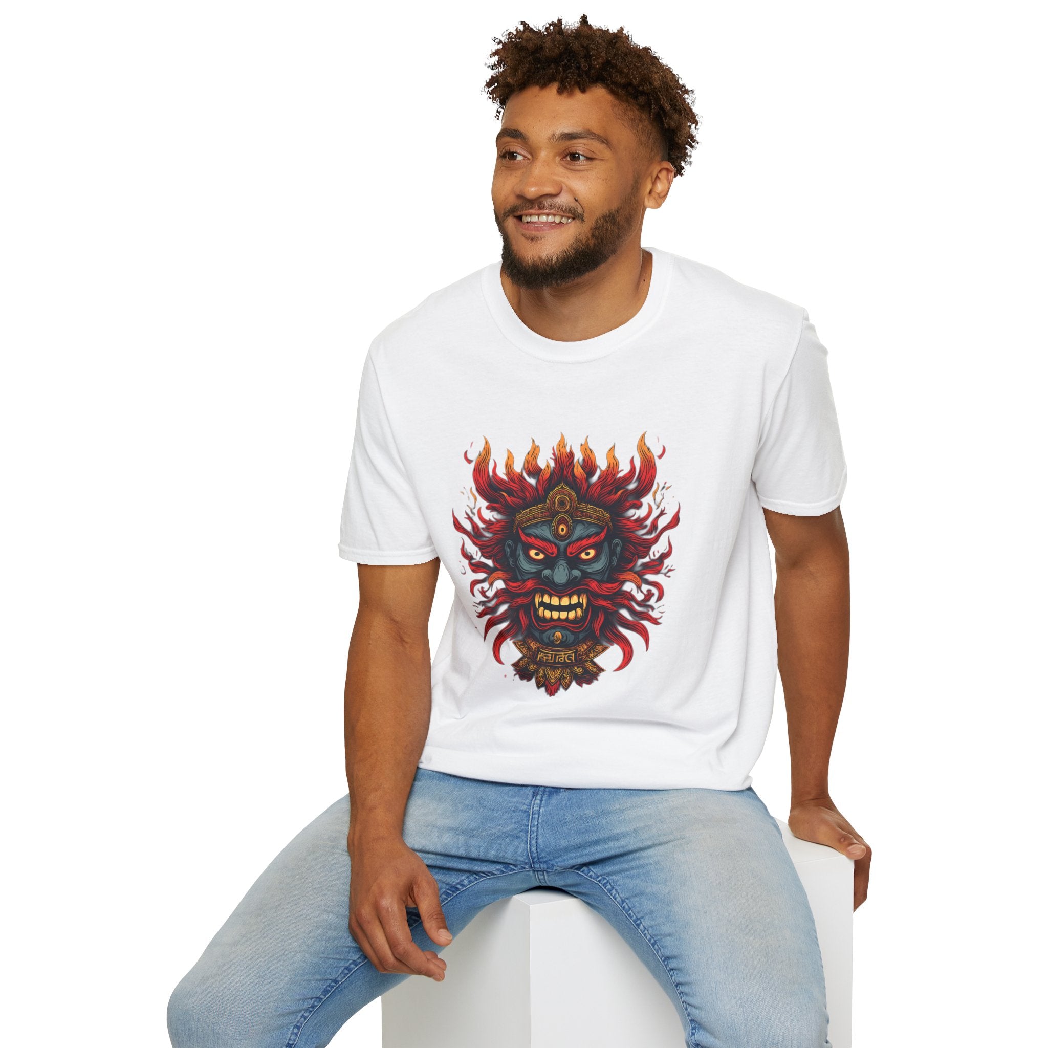 Flaming Demon Mask T-Shirt — Fierce Tattoo-Style Graphic Tee