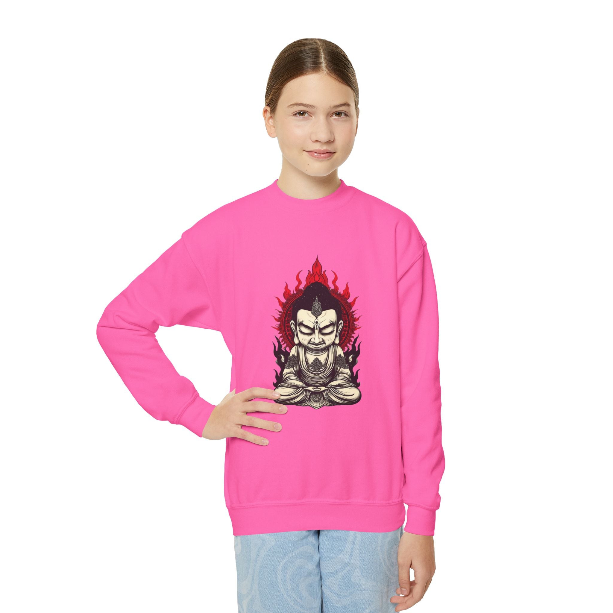 Flaming Meditating Buddha Youth Crewneck Sweatshirt — Zen Graphic Sweater for Kids