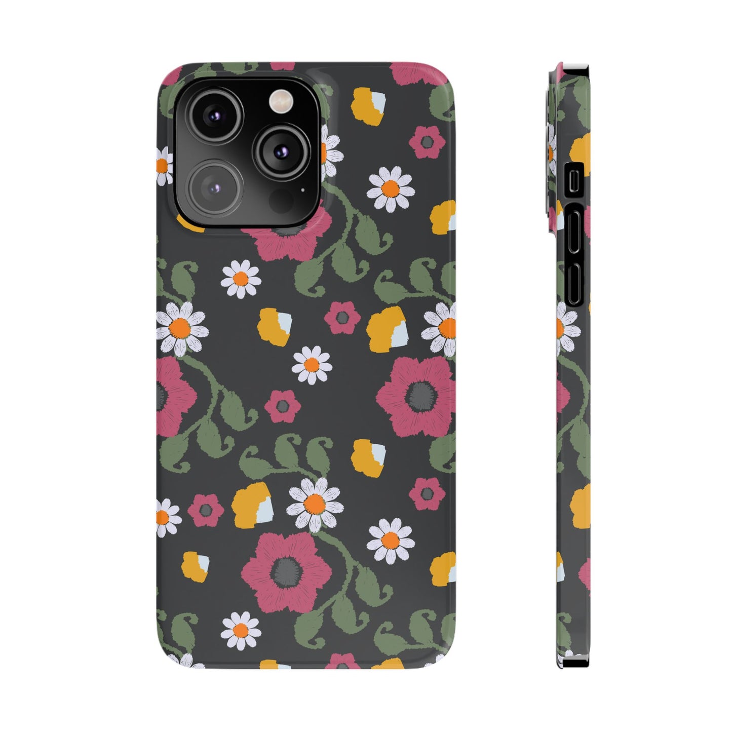 Floral Slim Phone Case, Black Flower Phone Cover, Stylish Phone Accessory, Gift for Her, Trendy Floral Case